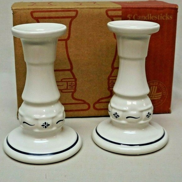 Longaberger Pottery Woven Traditions Classic Blue  5" Candlesticks New in Box - Picture 3 of 8